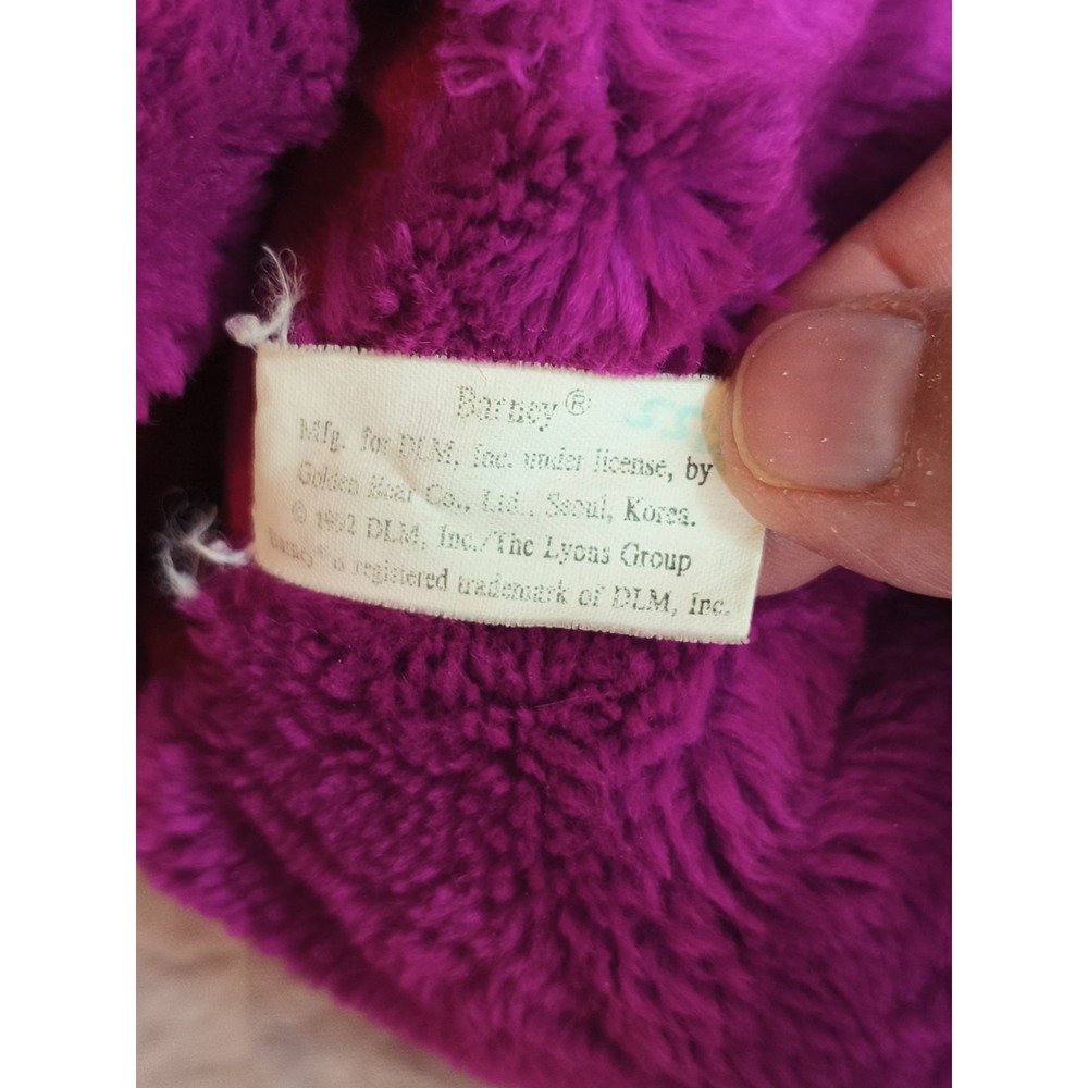 1992 BARNEY Puppet Purple Dinosaur Stuffed Animal 13" Plush Lyons Golden Bear - Picture 7 of 12